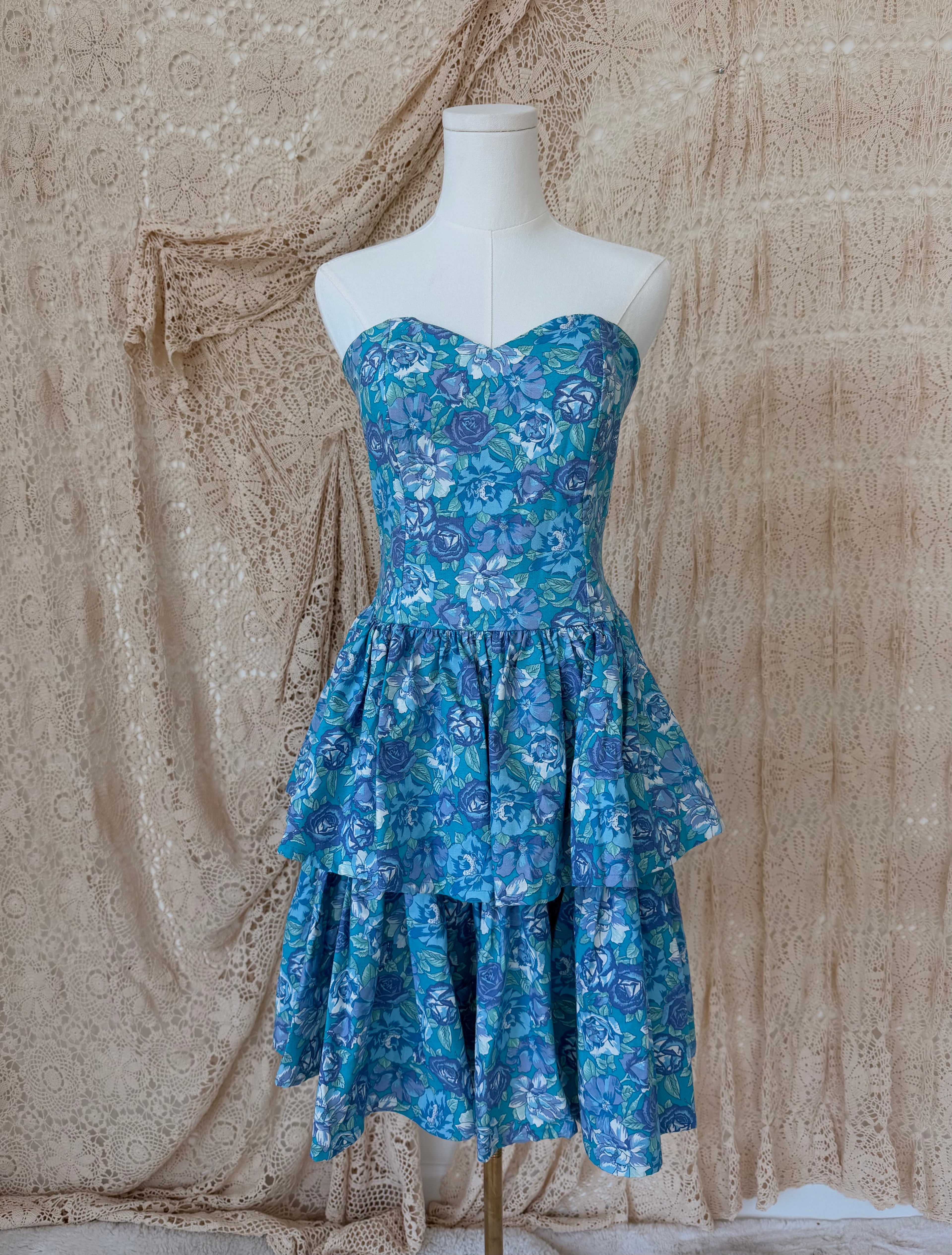 Vintage Laura Ashley Blue & Purple Floral Strapless Tiered Dress