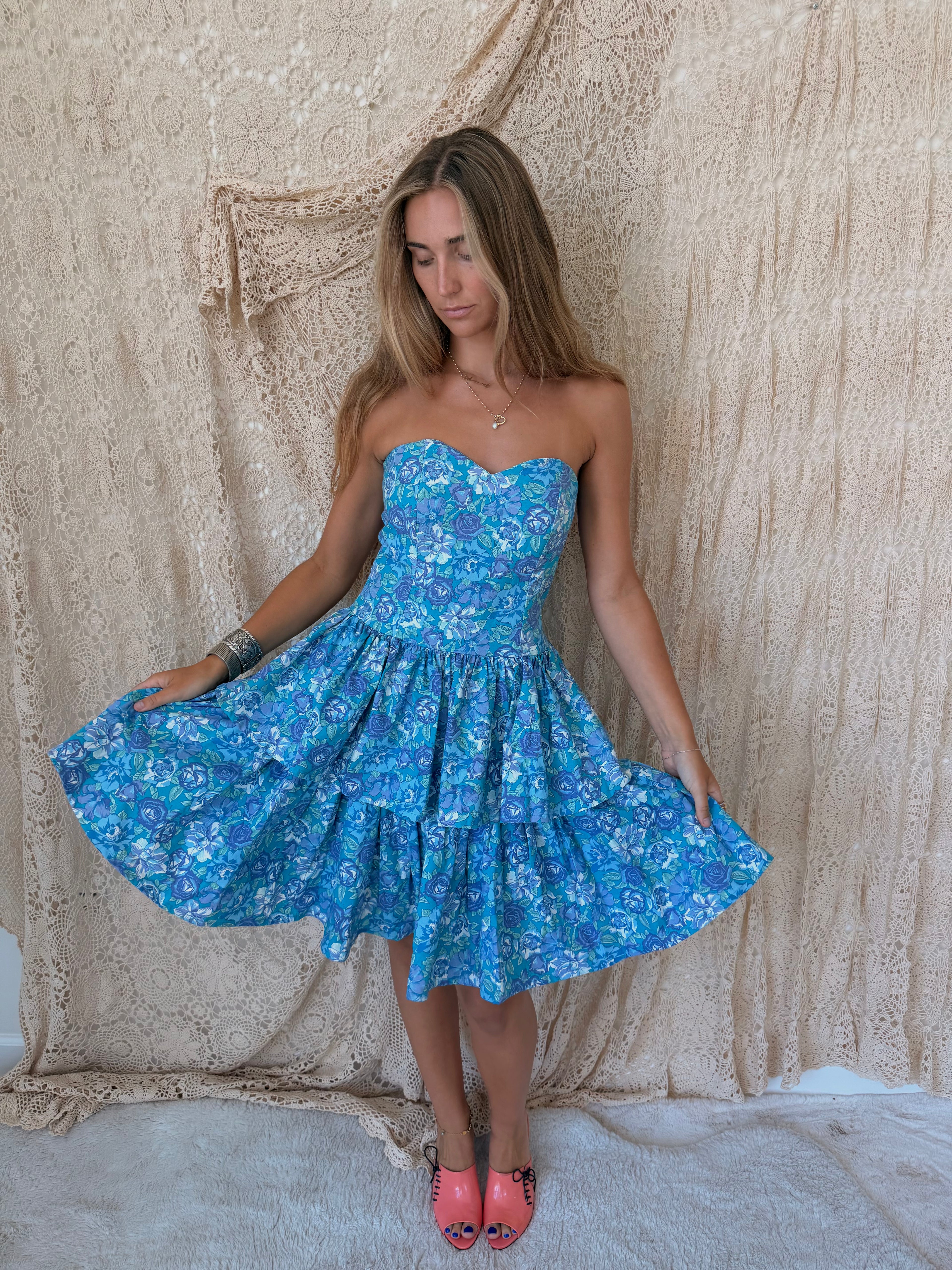 Vintage Laura Ashley Blue & Purple Floral Strapless Tiered Dress