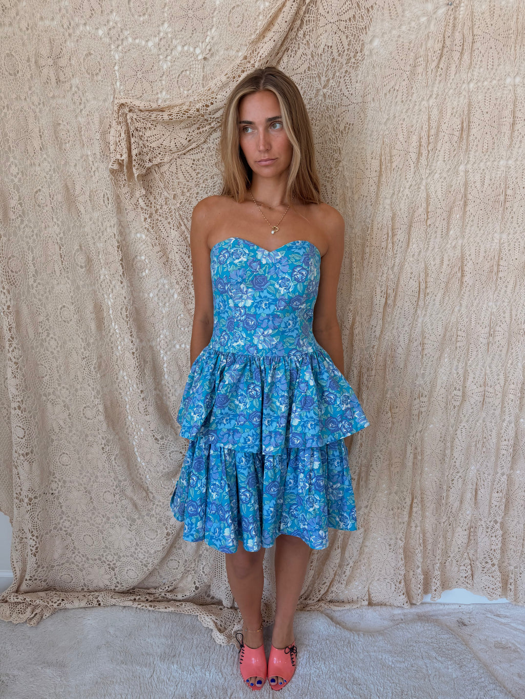 Vintage Laura Ashley Blue & Purple Floral Strapless Tiered Dress