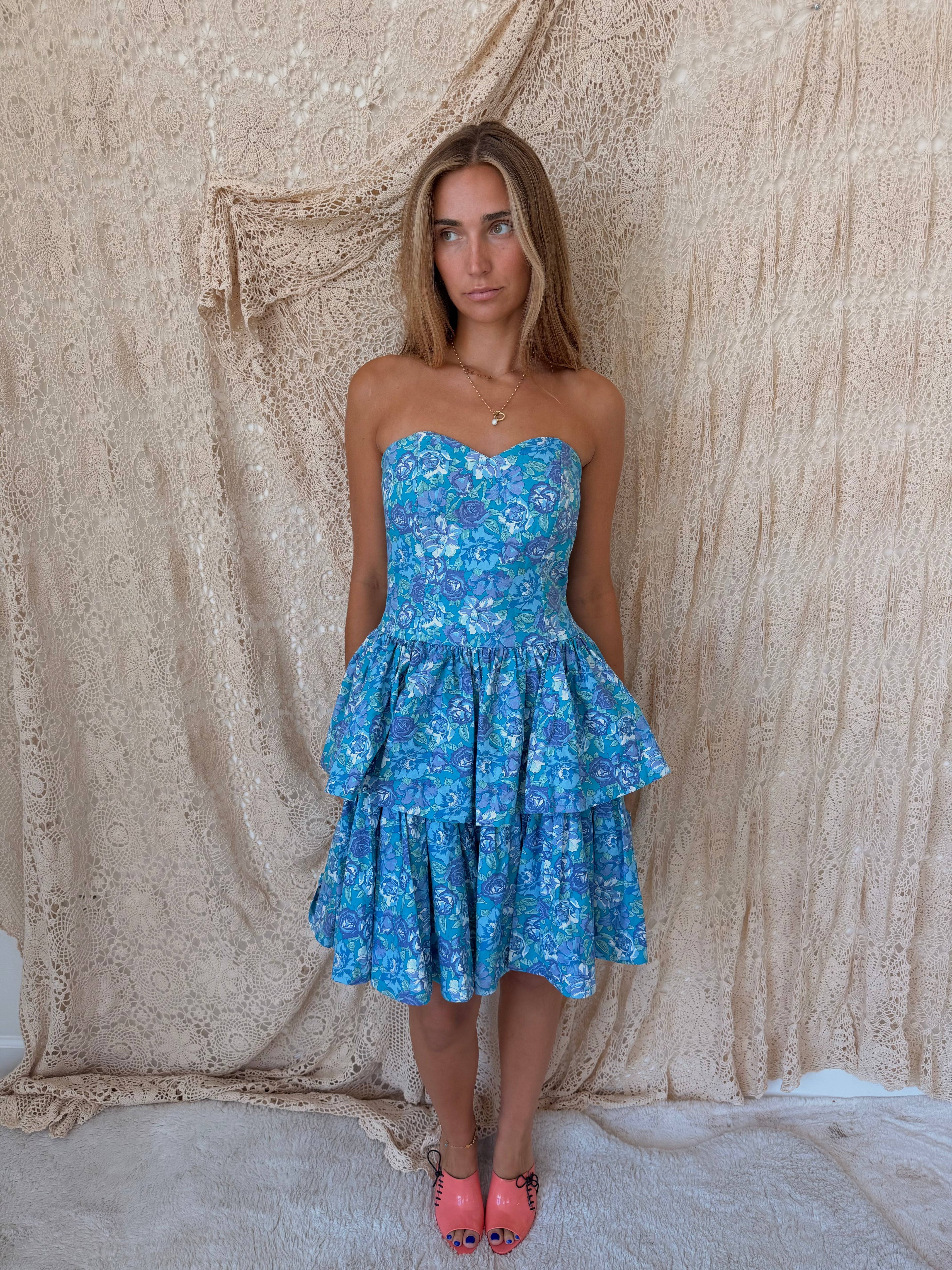 Vintage Laura Ashley Blue & Purple Floral Strapless Tiered Dress