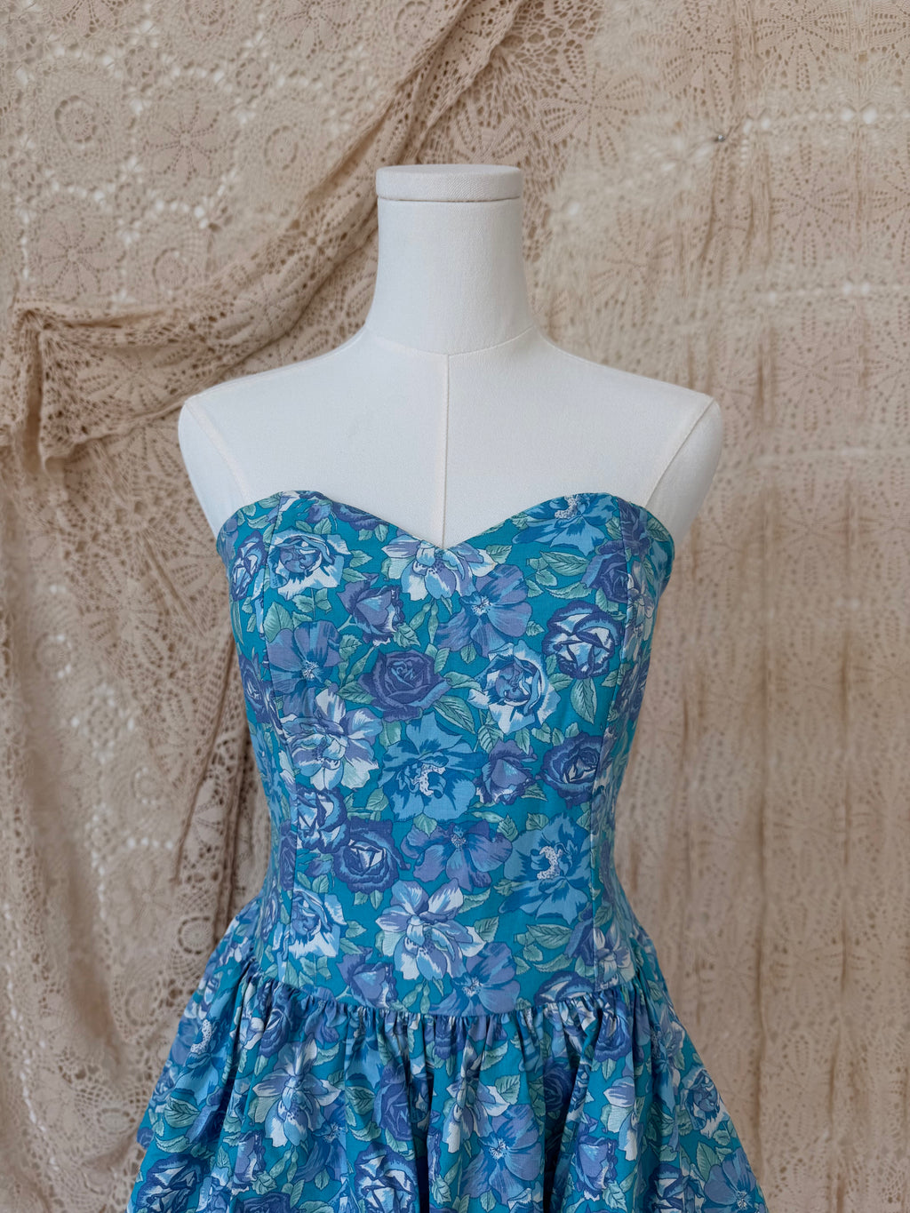 Vintage Laura Ashley Blue & Purple Floral Strapless Tiered Dress