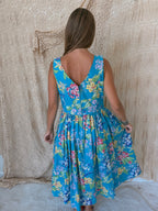 1980s Laura Ashley Aqua Floral Drop-Waist Midi Dress