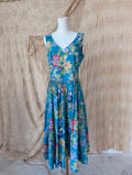 1980s Laura Ashley Aqua Floral Drop-Waist Midi Dress