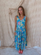 1980s Laura Ashley Aqua Floral Drop-Waist Midi Dress