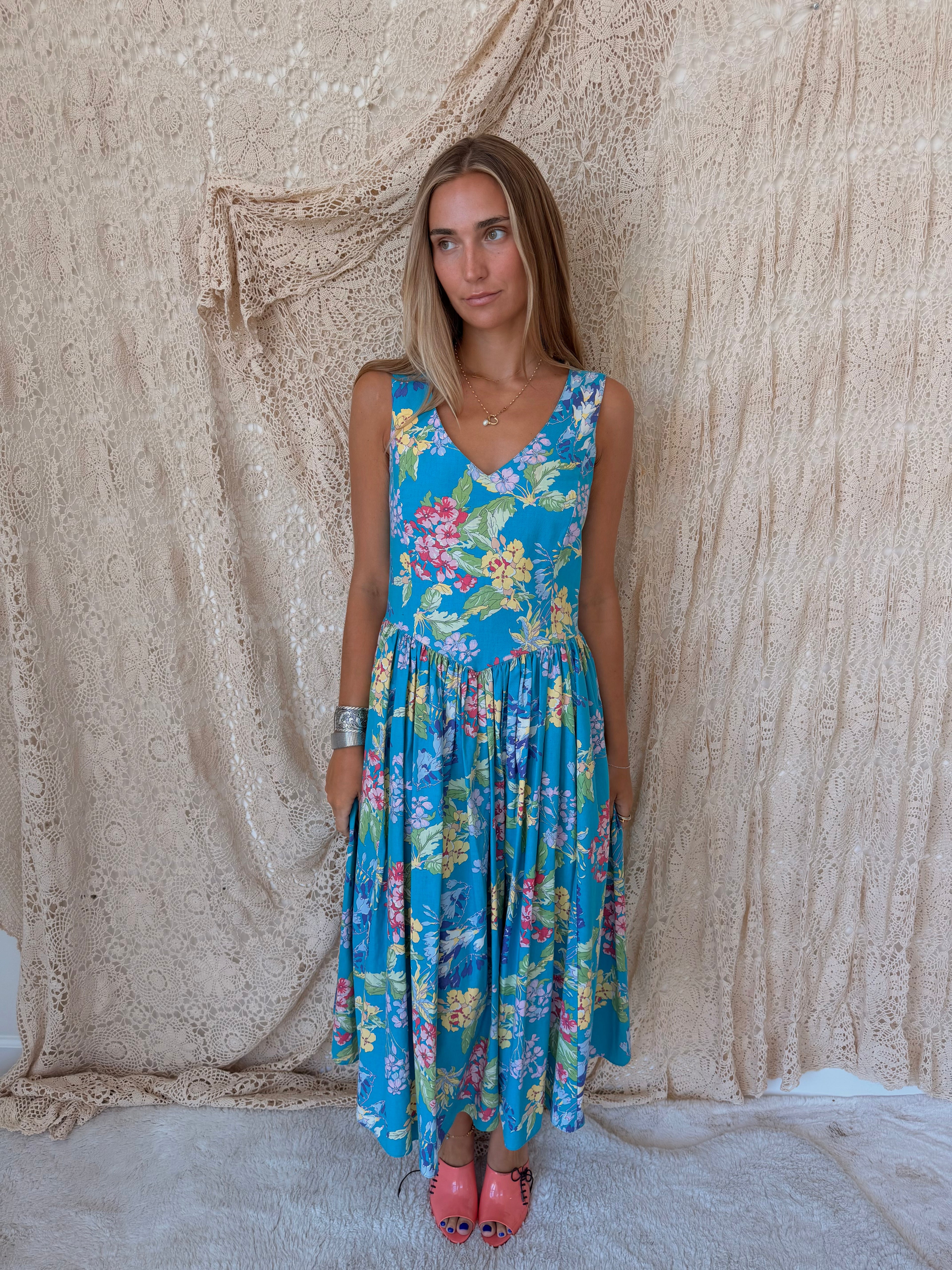 1980s Laura Ashley Aqua Floral Drop-Waist Midi Dress