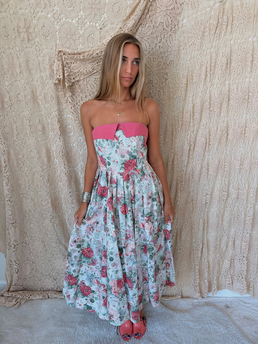 1980s Laura Ashley Rose-Print Strapless Tea-Length Dress