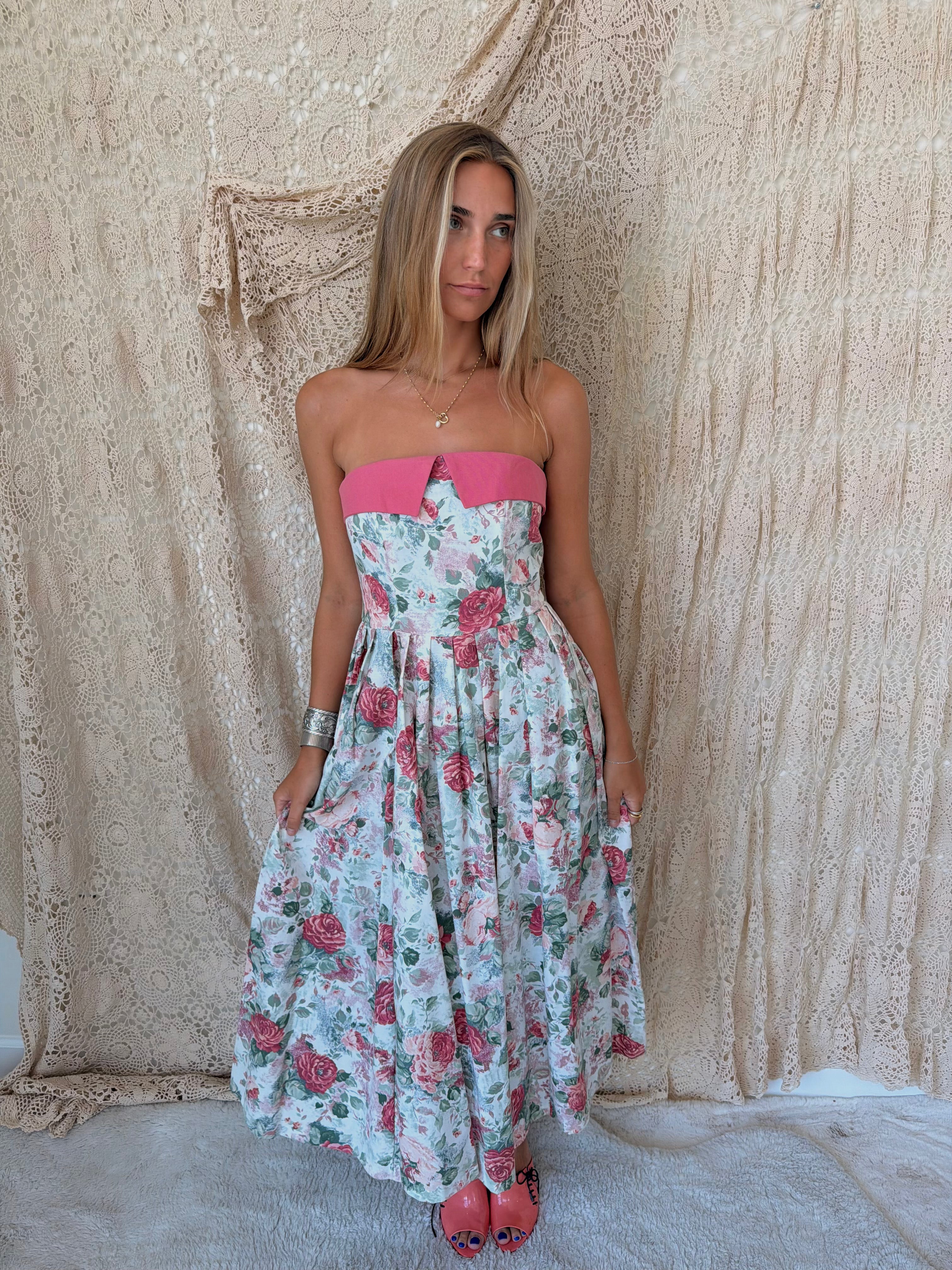 1980s Laura Ashley Rose-Print Strapless Tea-Length Dress