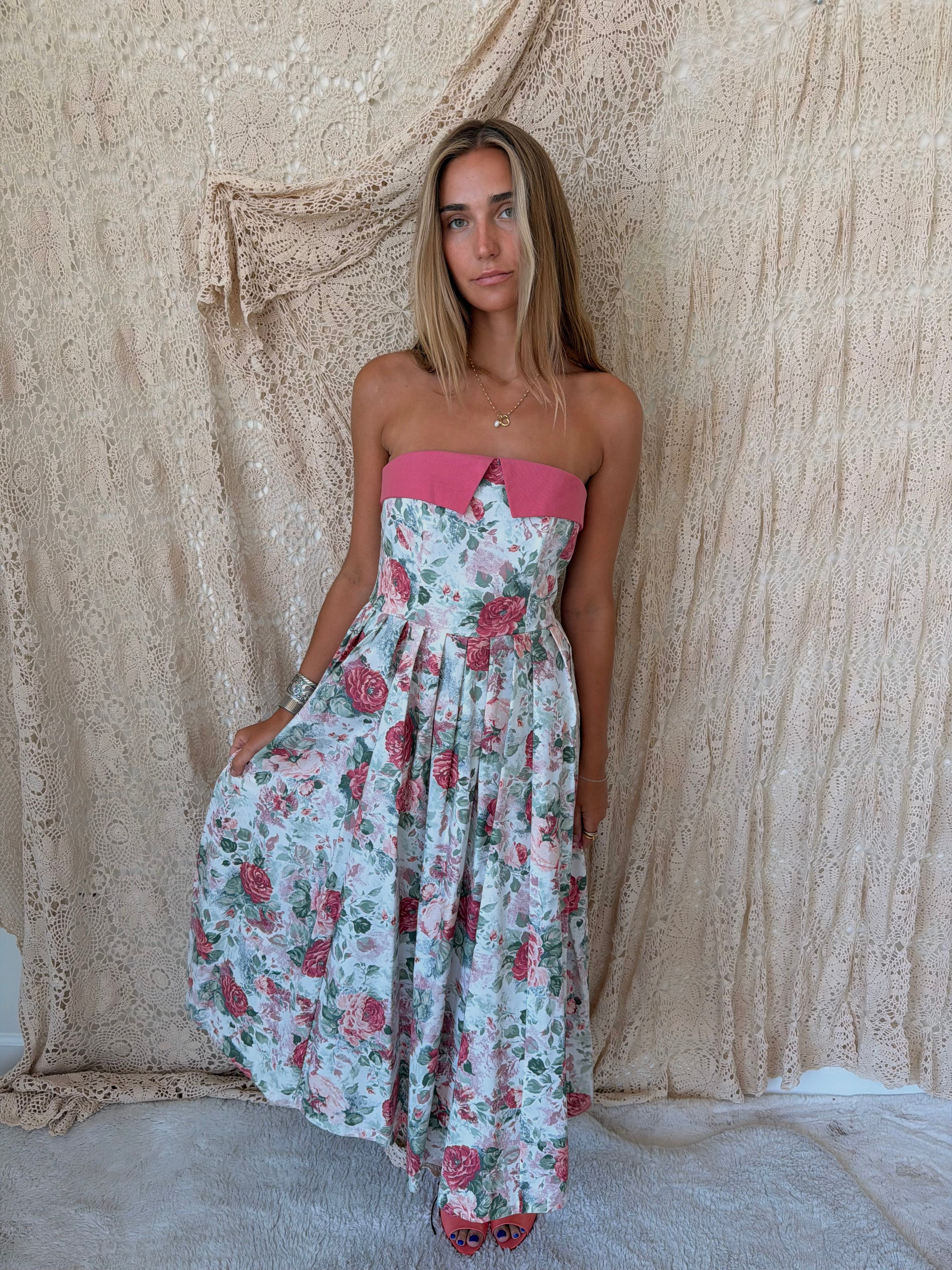 1980s Laura Ashley Rose-Print Strapless Tea-Length Dress