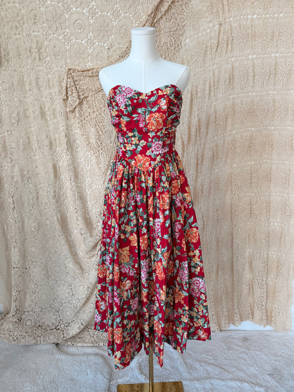 1980s Laura Ashley Brick-Red Floral Strapless Backless Dress