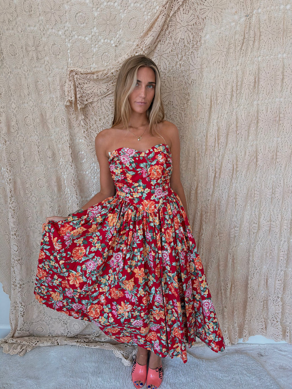 1980s Laura Ashley Brick-Red Floral Strapless Backless Dress