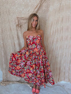 1980s Laura Ashley Brick-Red Floral Strapless Backless Dress