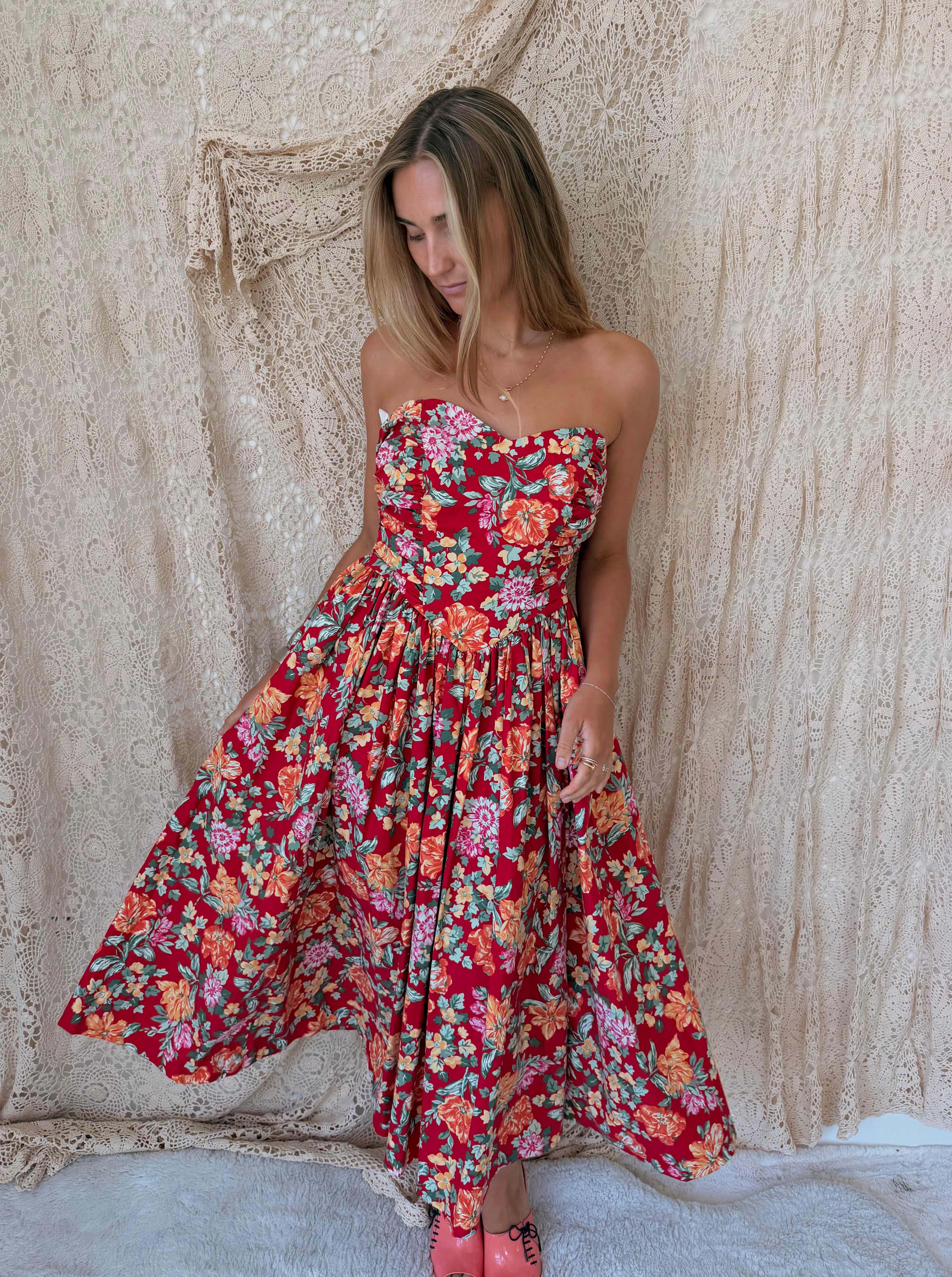 1980s Laura Ashley Brick-Red Floral Strapless Backless Dress