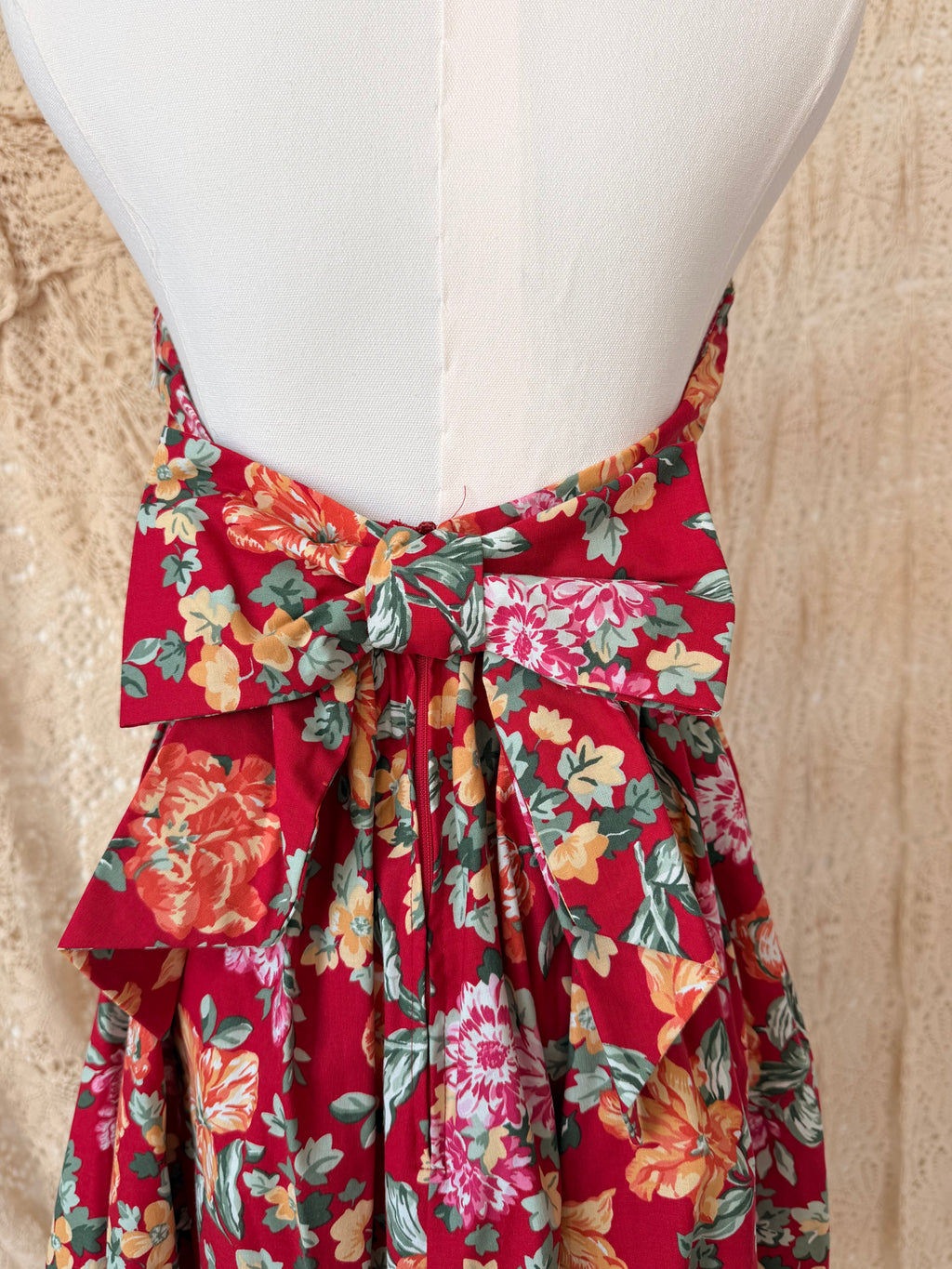 1980s Laura Ashley Brick-Red Floral Strapless Backless Dress