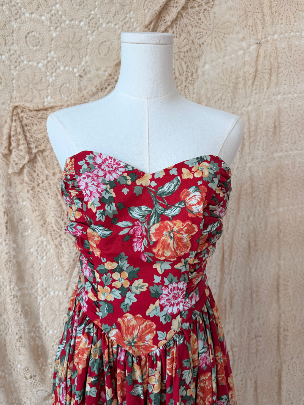 1980s Laura Ashley Brick-Red Floral Strapless Backless Dress