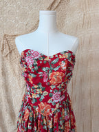 1980s Laura Ashley Brick-Red Floral Strapless Backless Dress