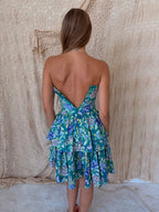 1980s Laura Ashley Teal & Purple Floral Strapless Tiered Dress — Smaller of Two