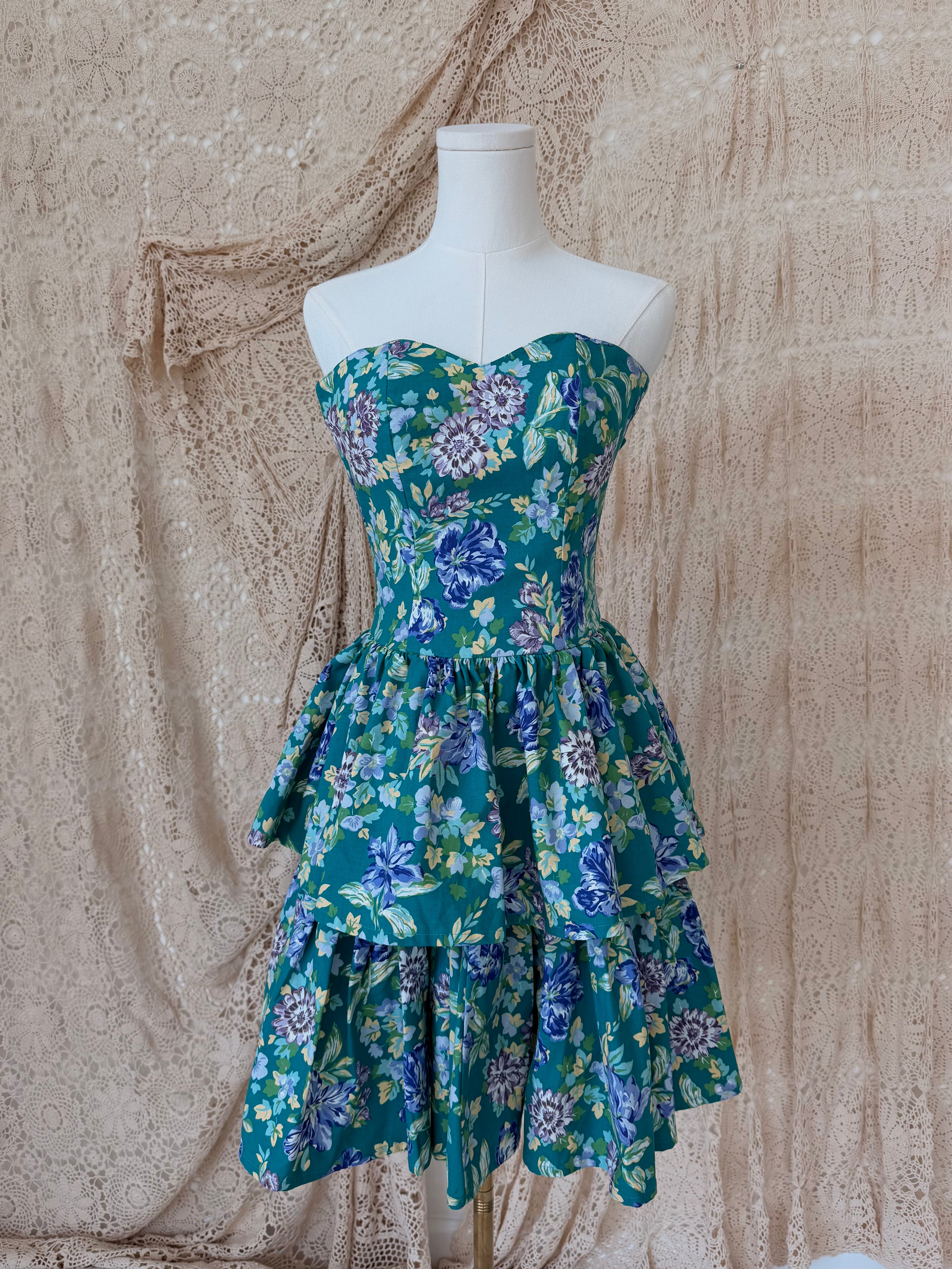 1980s Laura Ashley Teal & Purple Floral Strapless Tiered Dress — Smaller of Two