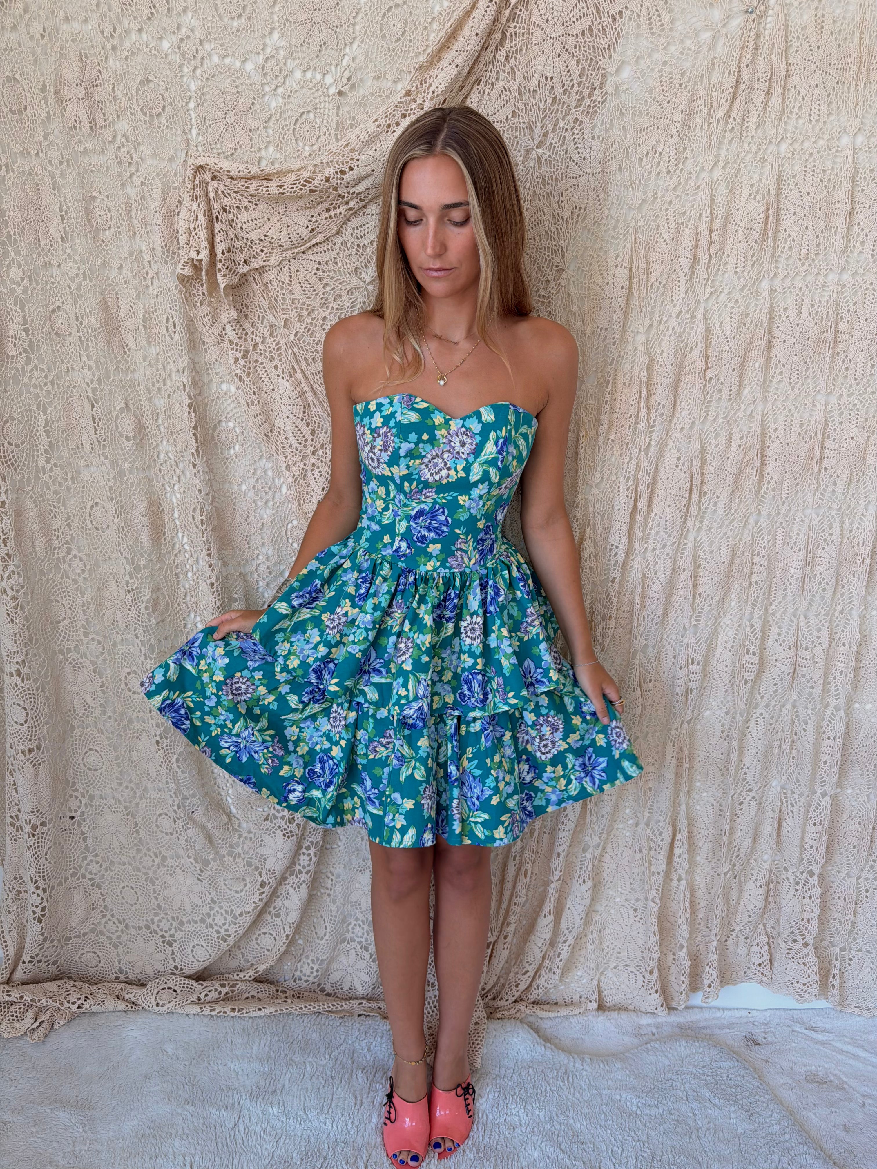 1980s Laura Ashley Teal & Purple Floral Strapless Tiered Dress — Smaller of Two