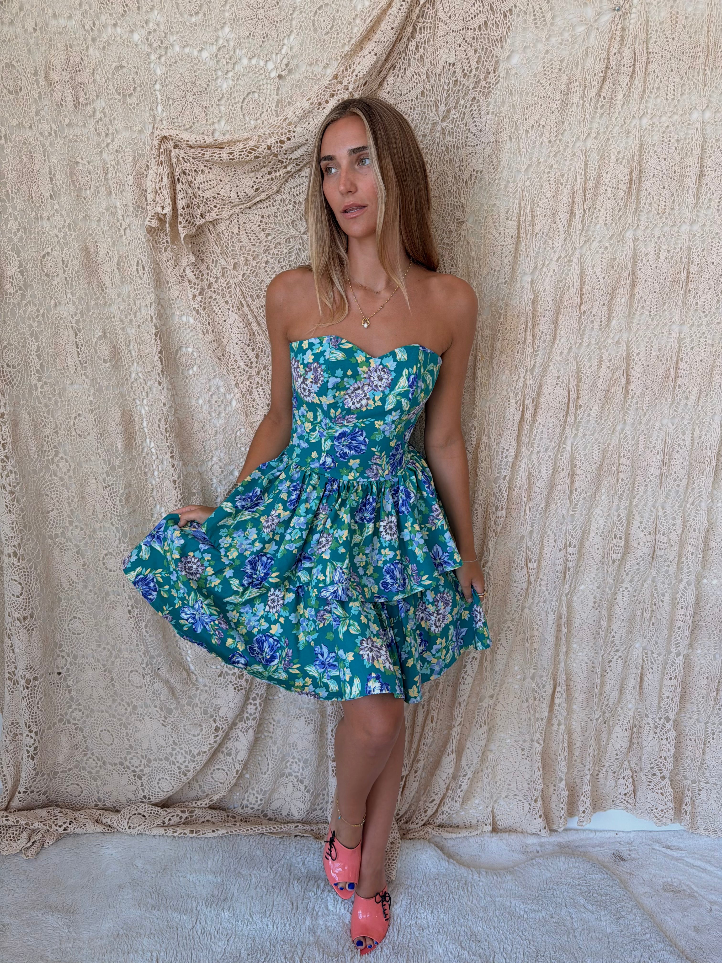 1980s Laura Ashley Teal & Purple Floral Strapless Tiered Dress — Smaller of Two