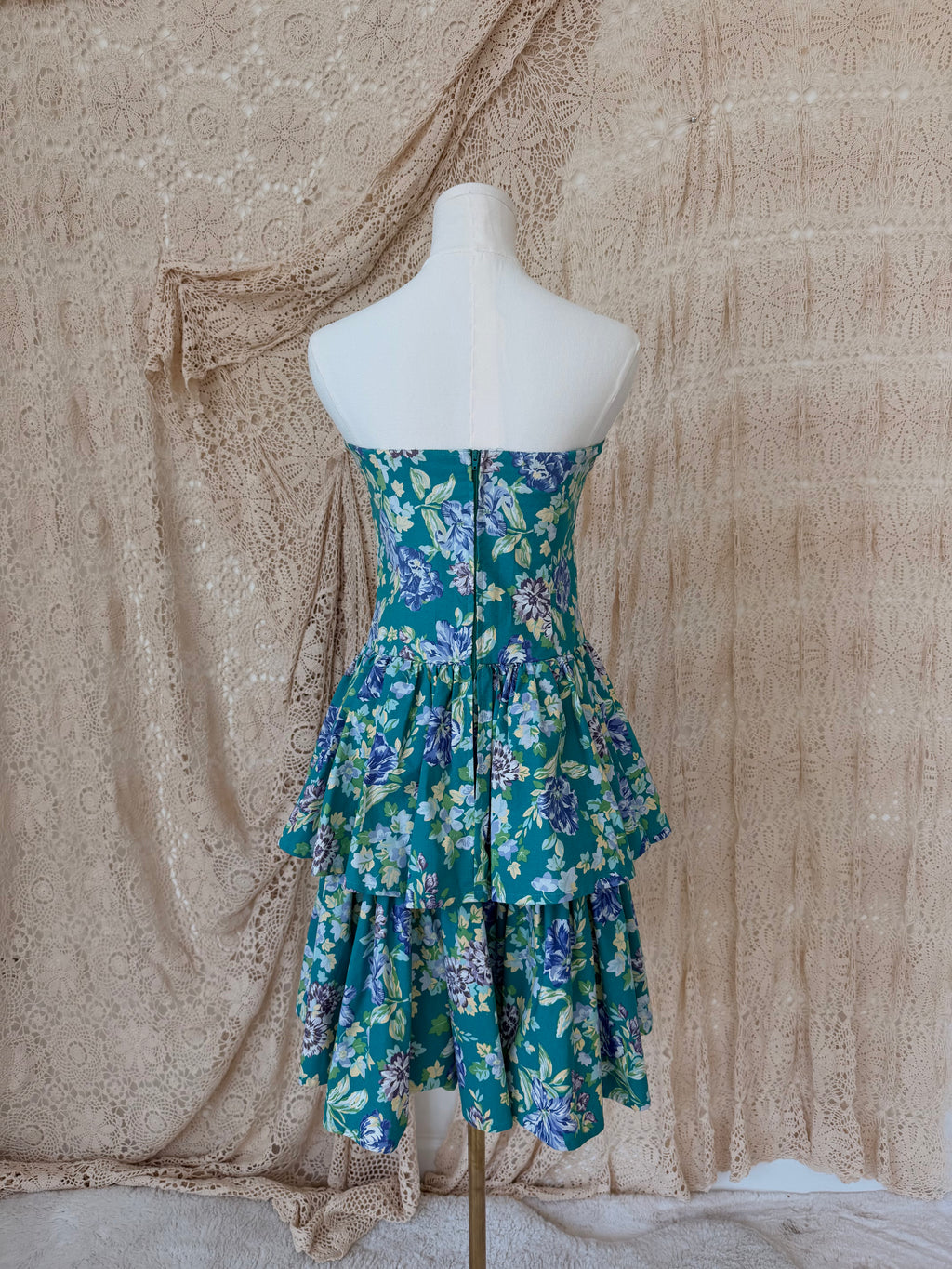 1980s Laura Ashley Teal & Purple Floral Strapless Tiered Dress — Larger of Two