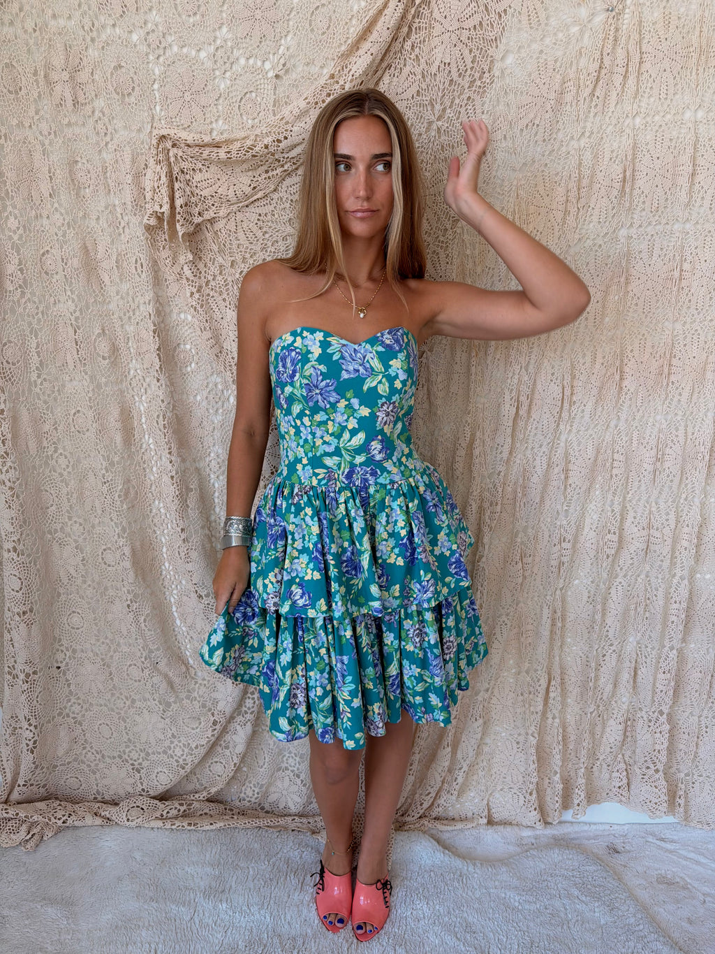 1980s Laura Ashley Teal & Purple Floral Strapless Tiered Dress — Larger of Two