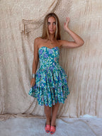 1980s Laura Ashley Teal & Purple Floral Strapless Tiered Dress — Larger of Two