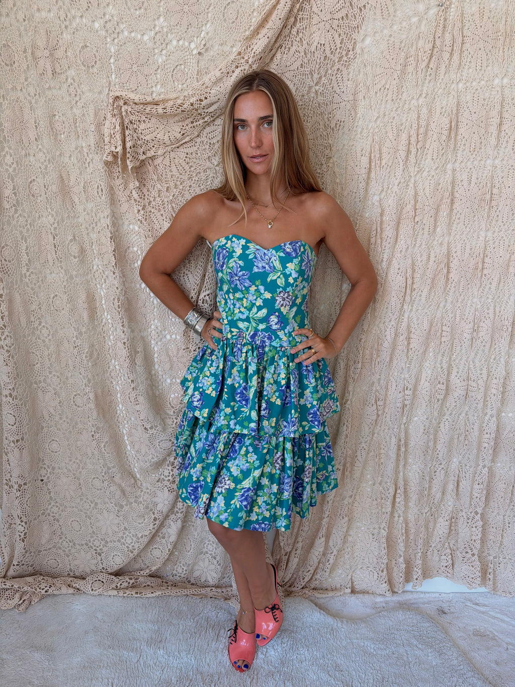 1980s Laura Ashley Teal & Purple Floral Strapless Tiered Dress — Larger of Two