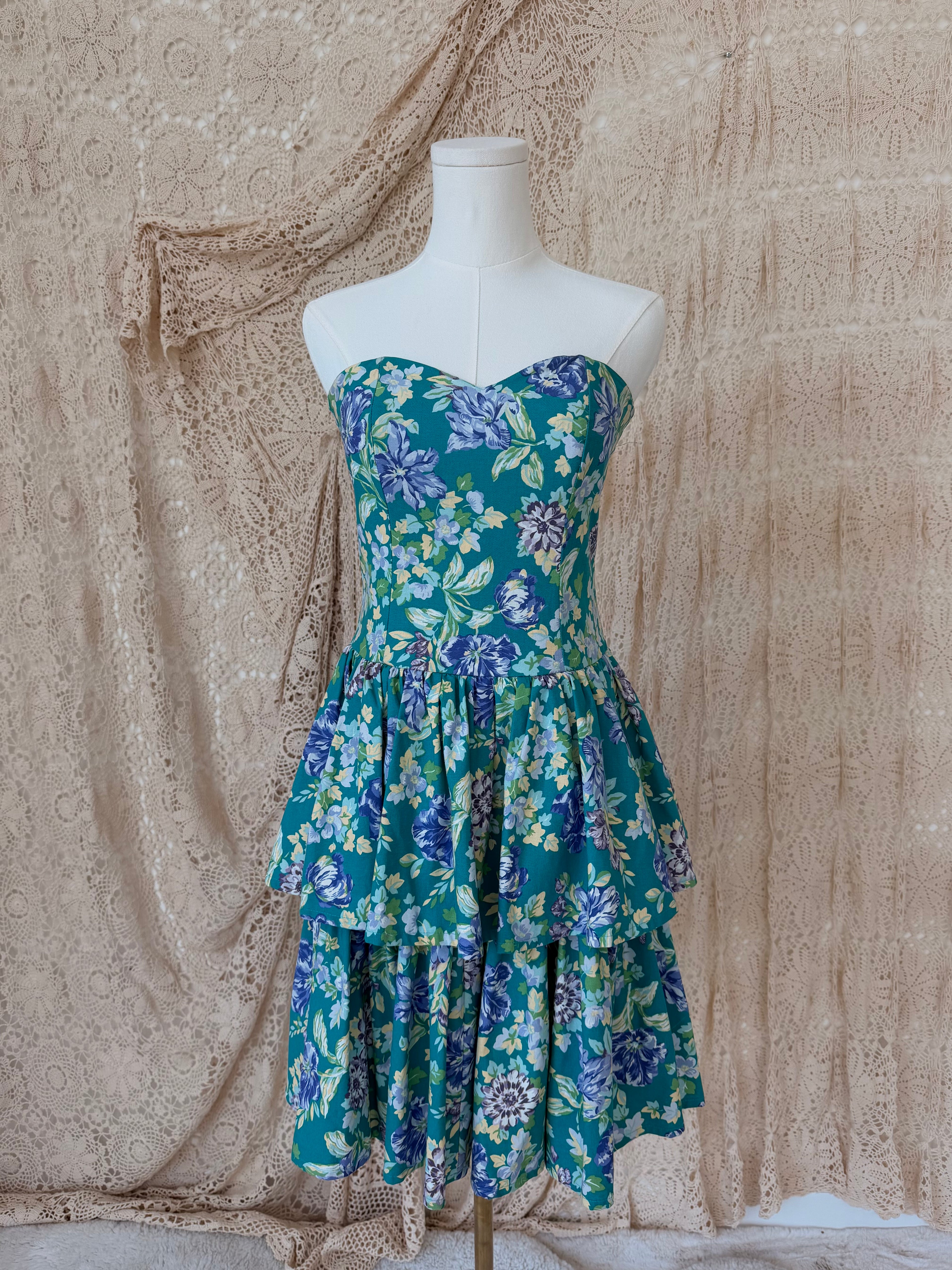 1980s Laura Ashley Teal & Purple Floral Strapless Tiered Dress — Larger of Two