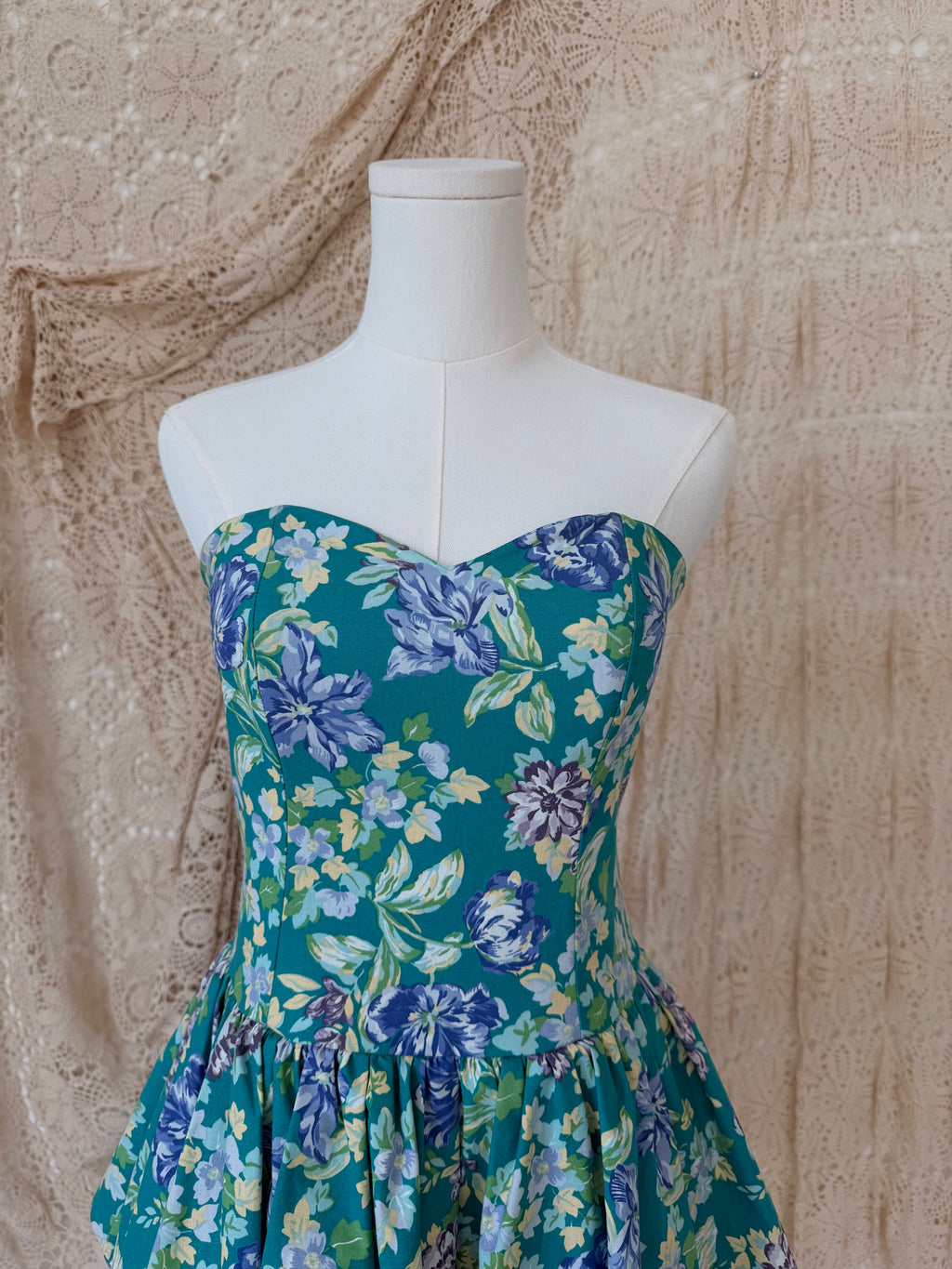 1980s Laura Ashley Teal & Purple Floral Strapless Tiered Dress — Larger of Two