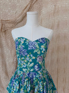 1980s Laura Ashley Teal & Purple Floral Strapless Tiered Dress — Larger of Two