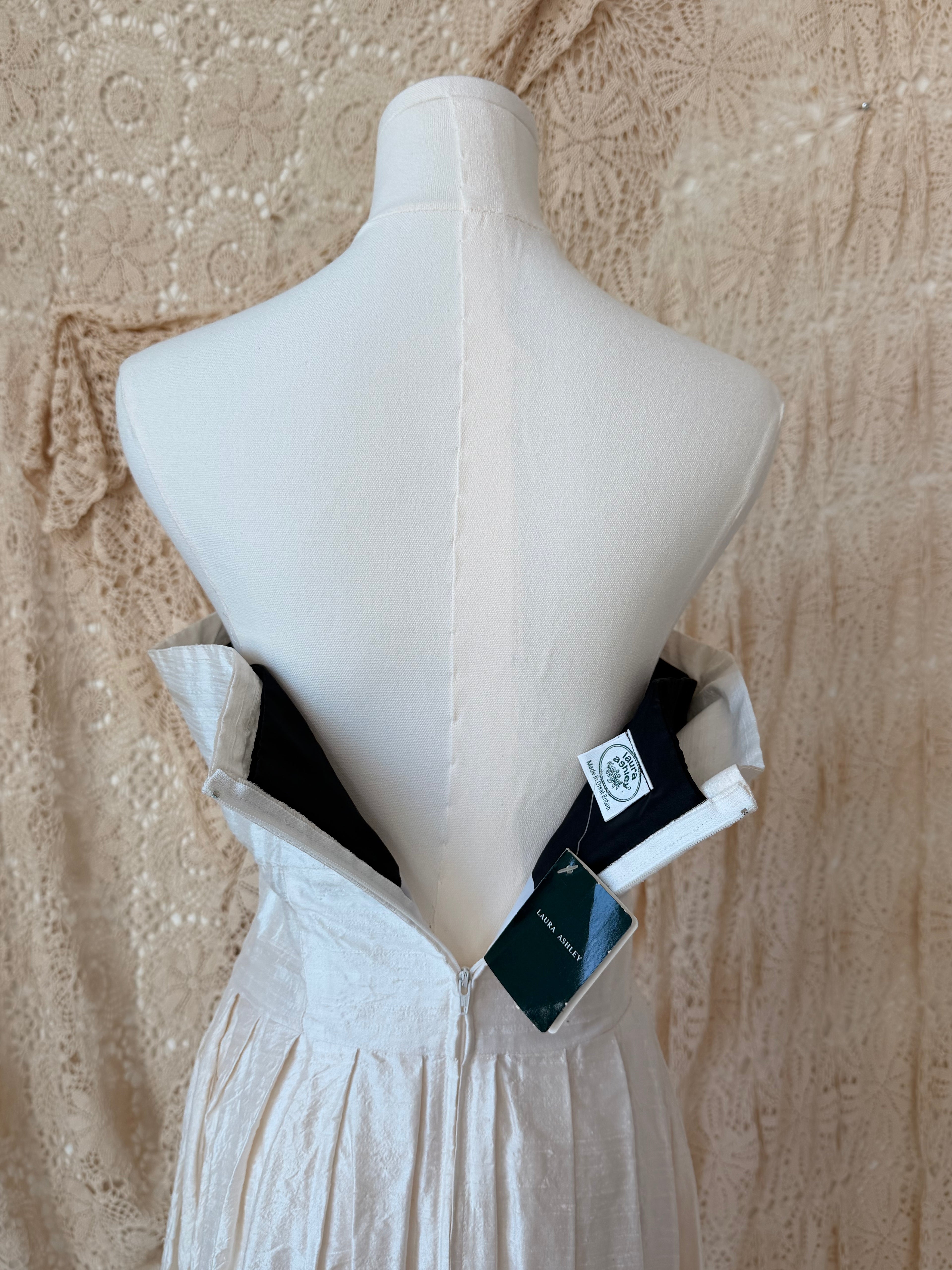 1980s Laura Ashley Ivory Silk Strapless Bow Dress with Original Tags