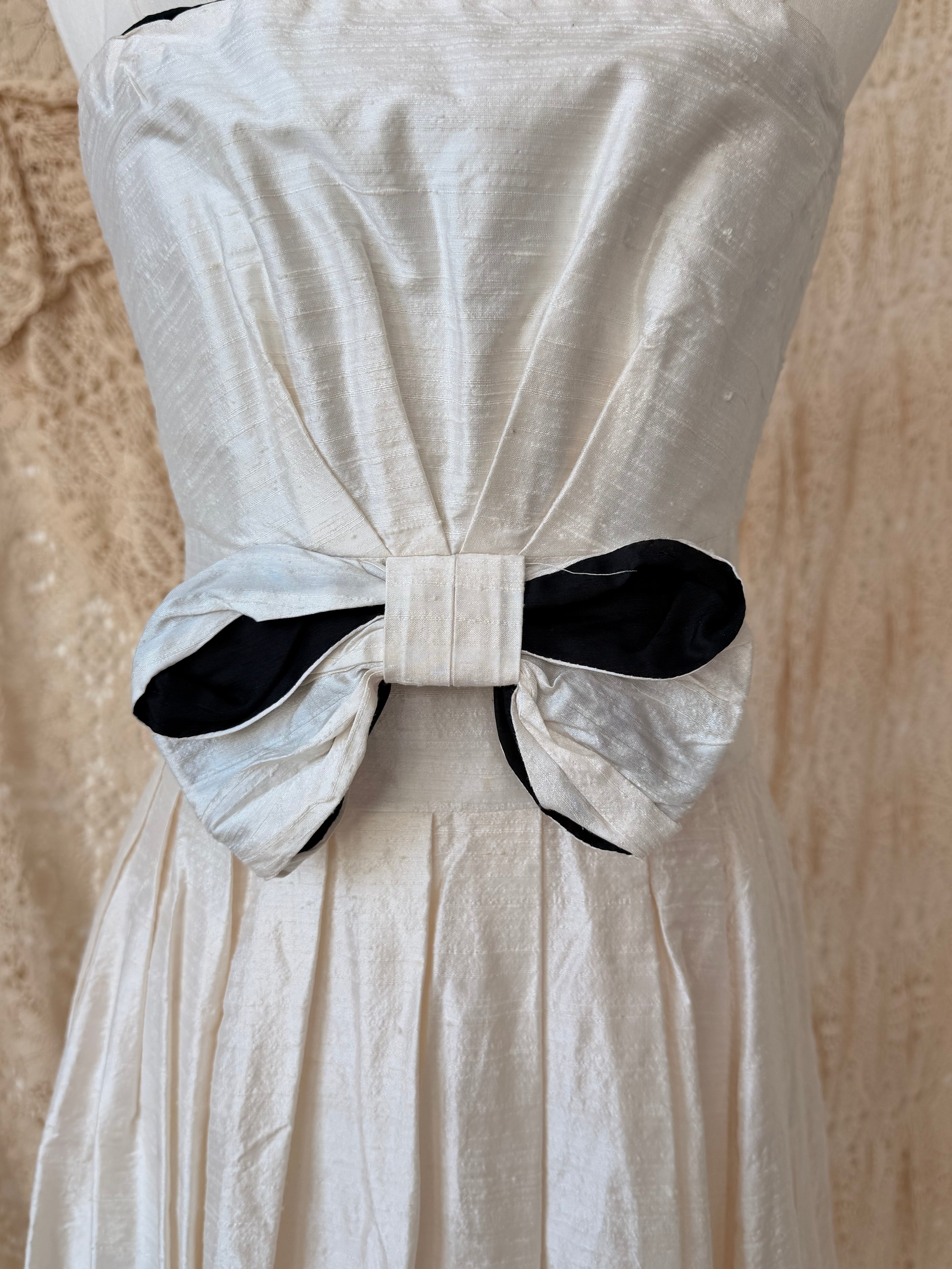 1980s Laura Ashley Ivory Silk Strapless Bow Dress with Original Tags