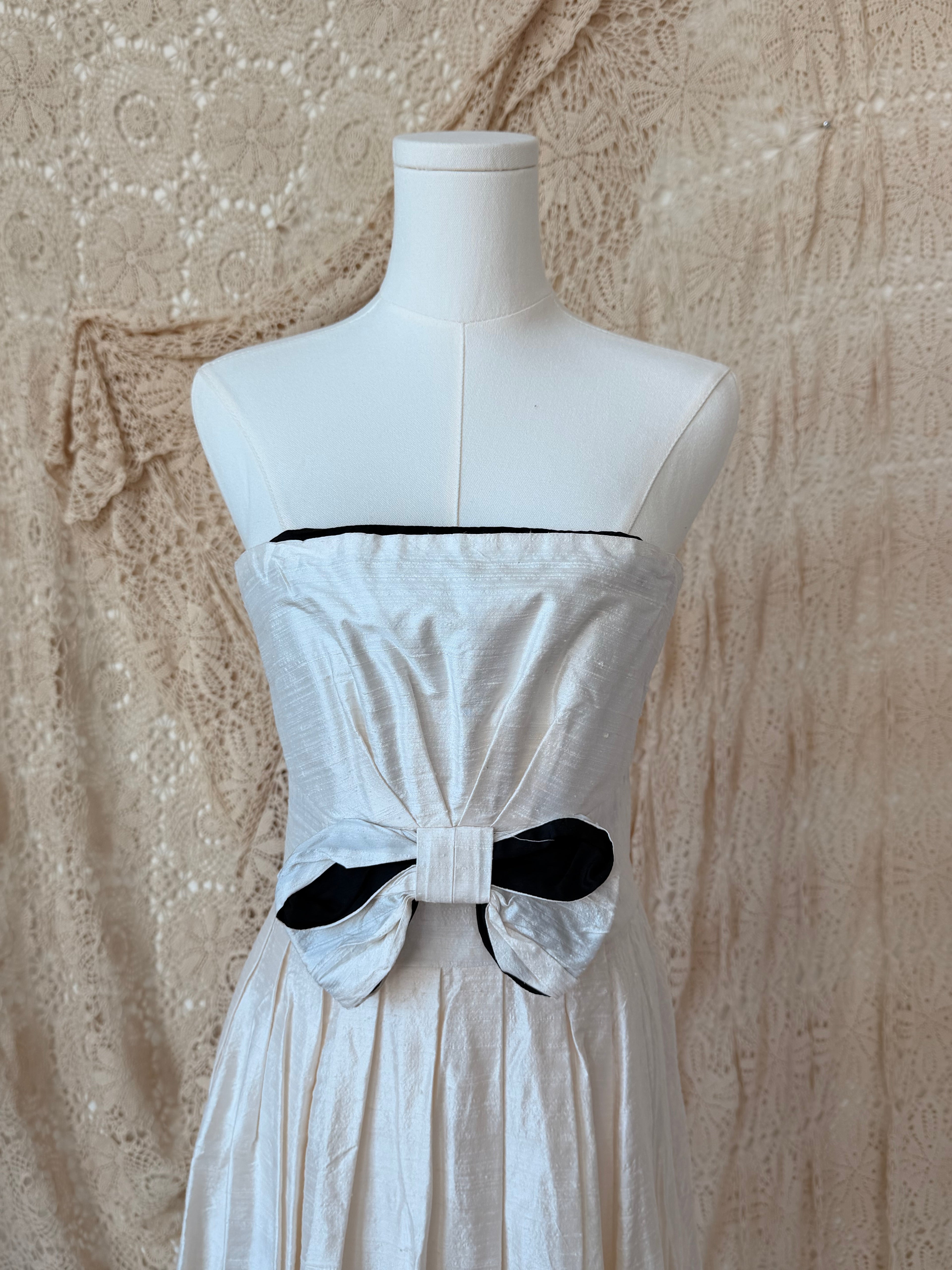1980s Laura Ashley Ivory Silk Strapless Bow Dress with Original Tags