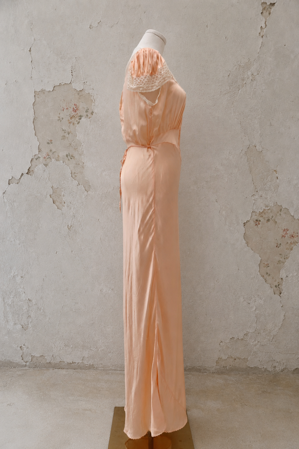 Late 1930s Peach Satin Bias-Cut Gown with Lace Sleeves