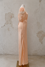 Late 1930s Peach Satin Bias-Cut Gown with Lace Sleeves
