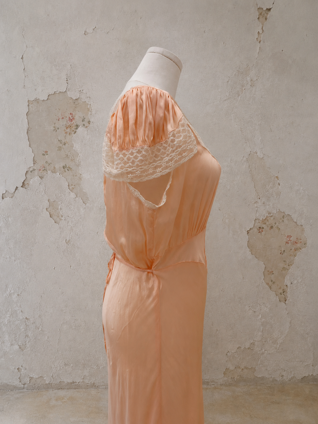 Late 1930s Peach Satin Bias-Cut Gown with Lace Sleeves