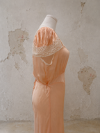 Late 1930s Peach Satin Bias-Cut Gown with Lace Sleeves