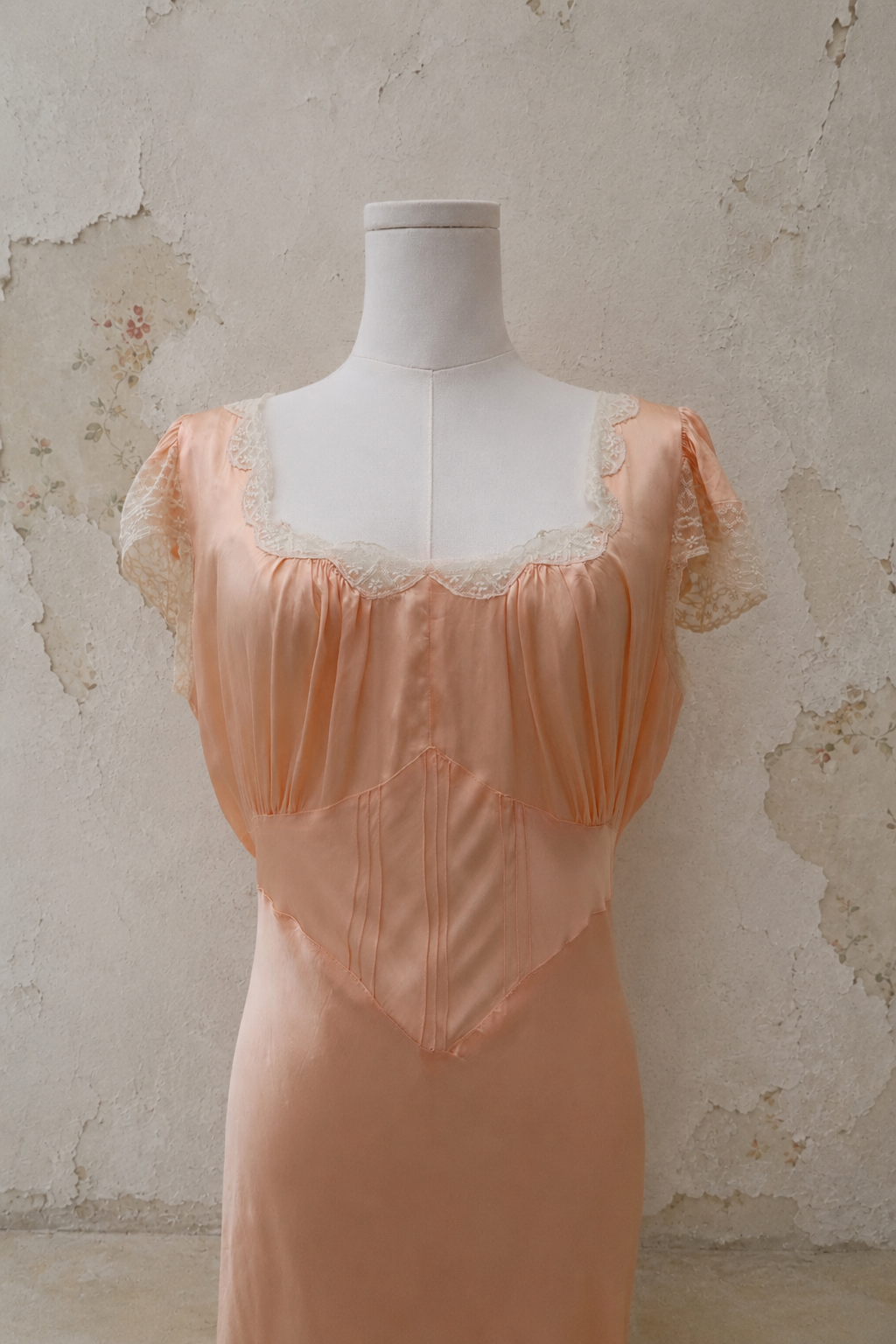 Late 1930s Peach Satin Bias-Cut Gown with Lace Sleeves