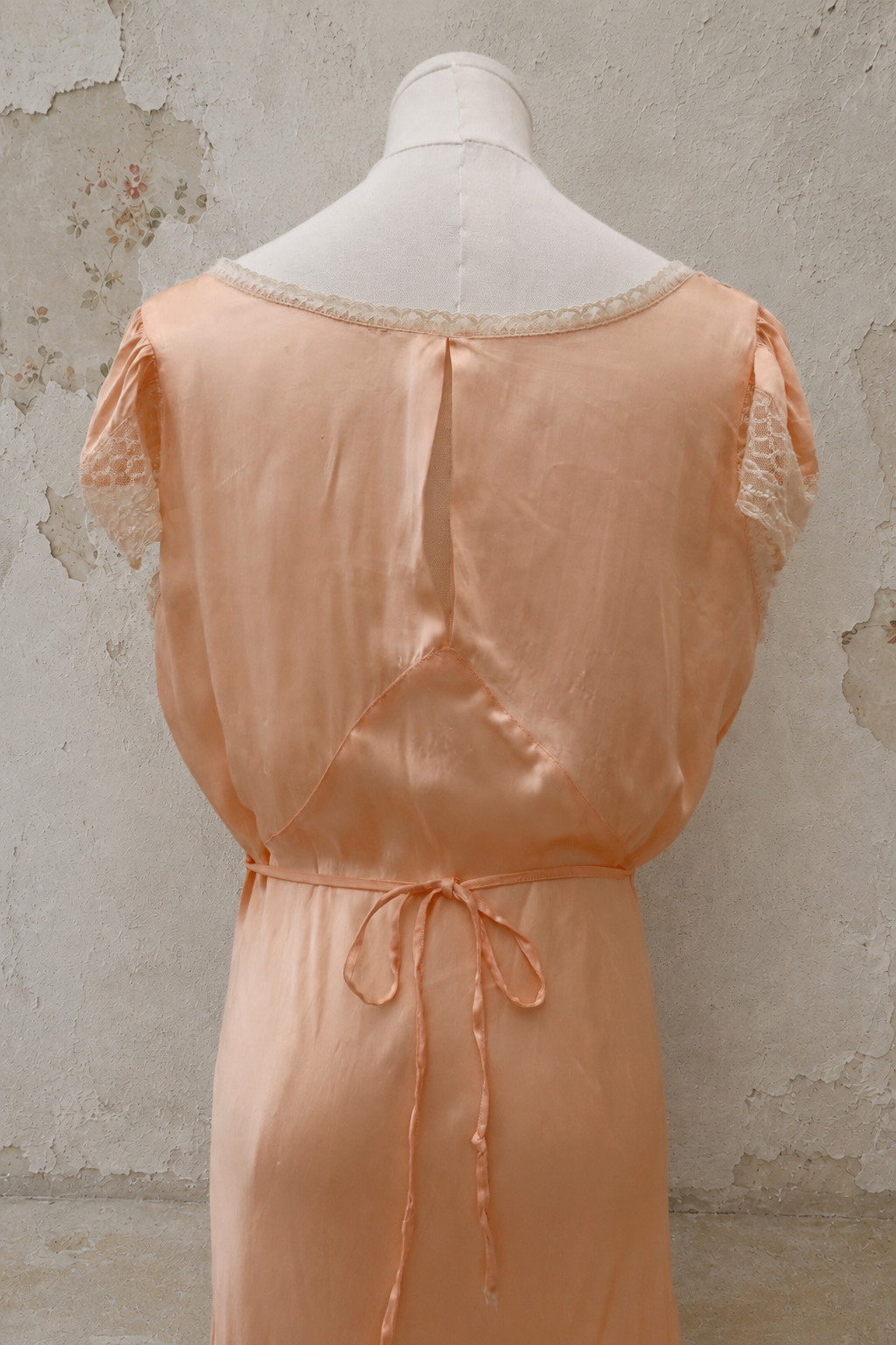 Late 1930s Peach Satin Bias-Cut Gown with Lace Sleeves