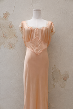 Late 1930s Peach Satin Bias-Cut Gown with Lace Sleeves