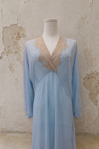 1930s Powder Blue Silk Dress with Lace Collar and Bishop Sleeves