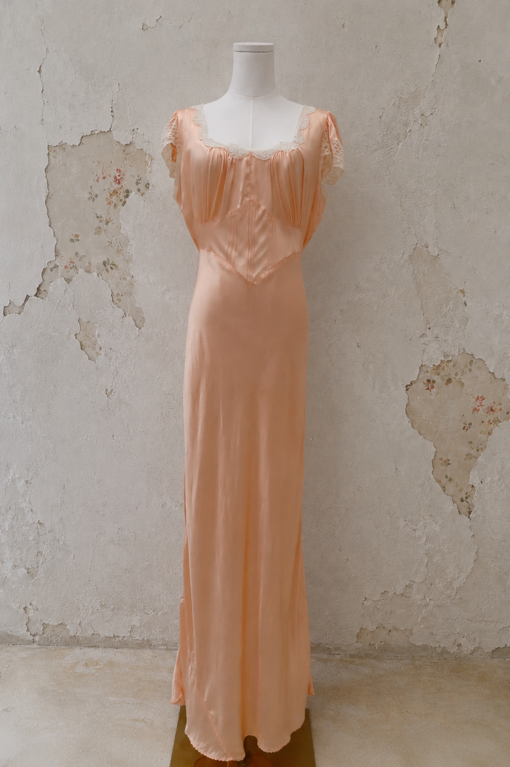 Late 1930s Peach Satin Bias-Cut Gown with Lace Sleeves