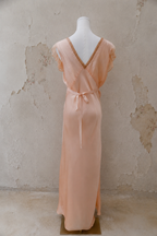 1920s Peach Antique Silk Satin Floor-Length Gown with Chiffon Bodice & Lace Trim
