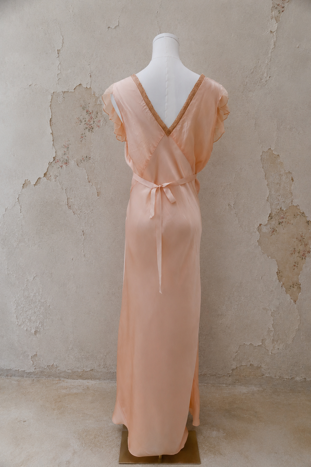 1920s Peach Antique Silk Satin Floor-Length Gown with Chiffon Bodice & Lace Trim