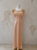 1920s Peach Antique Silk Satin Floor-Length Gown with Chiffon Bodice & Lace Trim