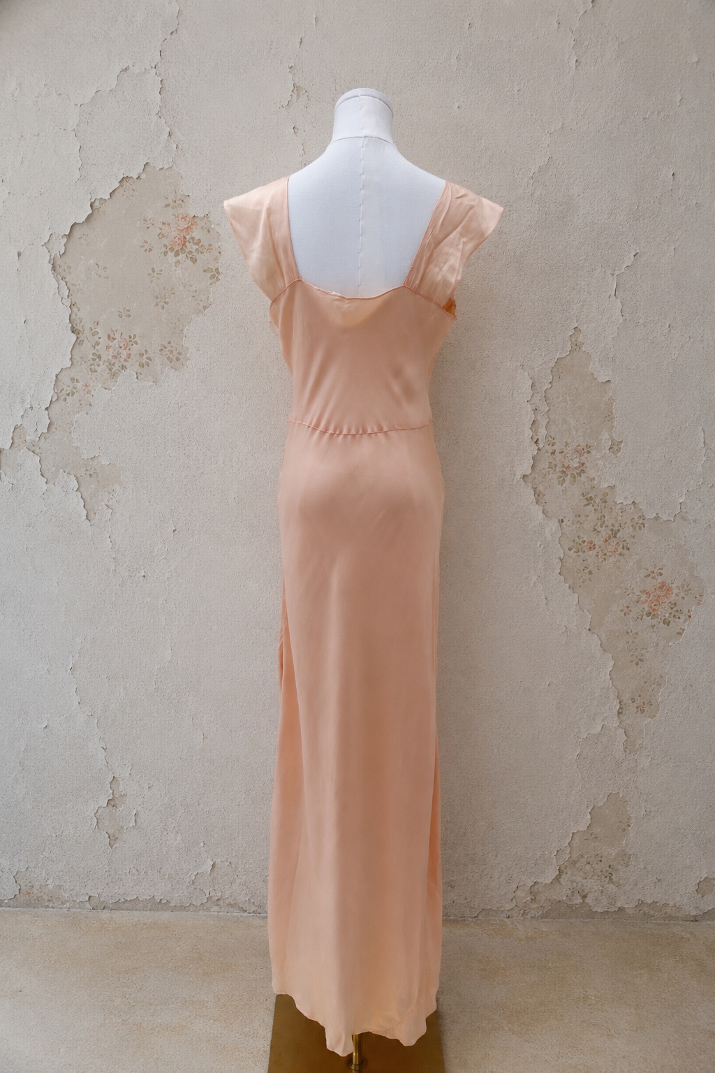 1930s Peach Satin Bias-Cut Gown with Tulle Ruffle & Satin Bow Detail