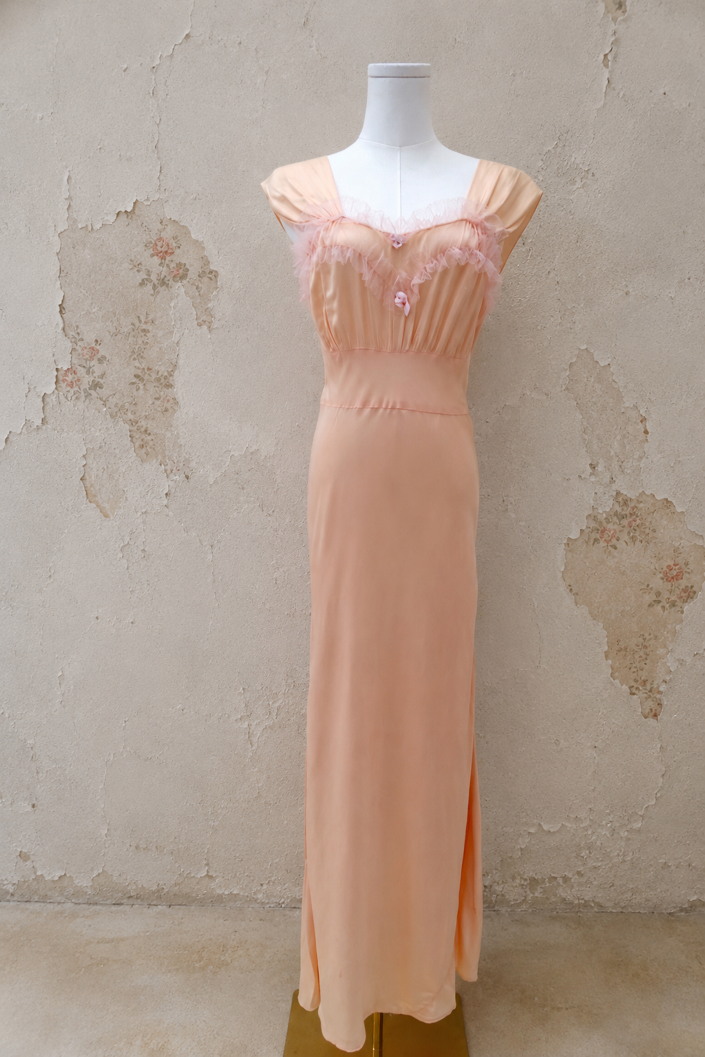 1930s Peach Satin Bias-Cut Gown with Tulle Ruffle & Satin Bow Detail