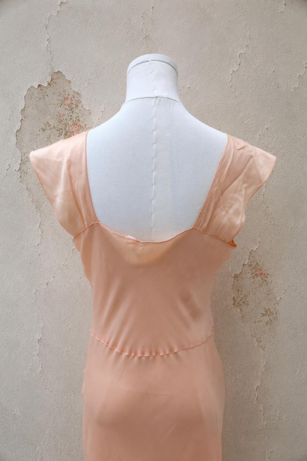 1930s Peach Satin Bias-Cut Gown with Tulle Ruffle & Satin Bow Detail