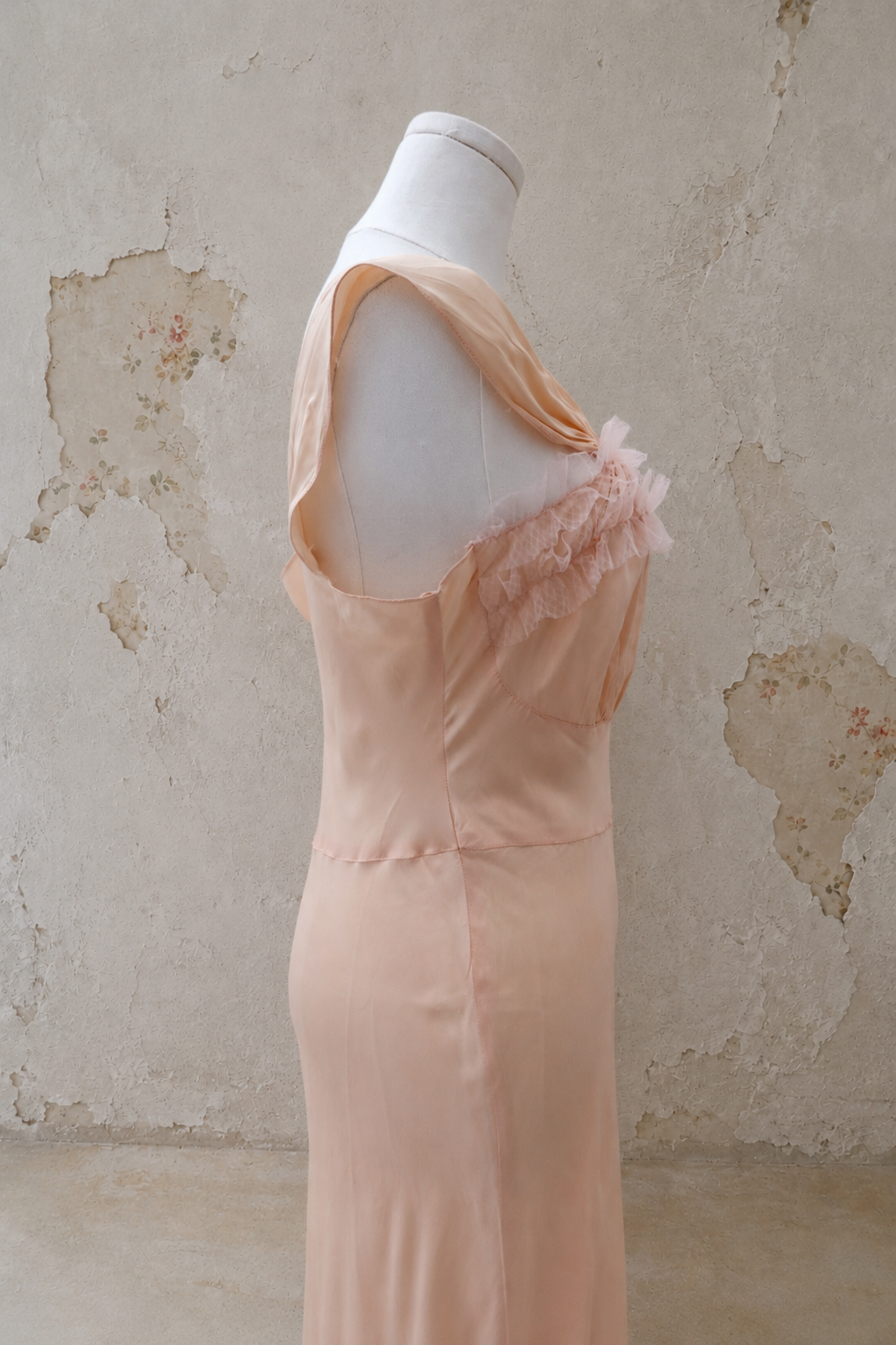 1930s Peach Satin Bias-Cut Gown with Tulle Ruffle & Satin Bow Detail