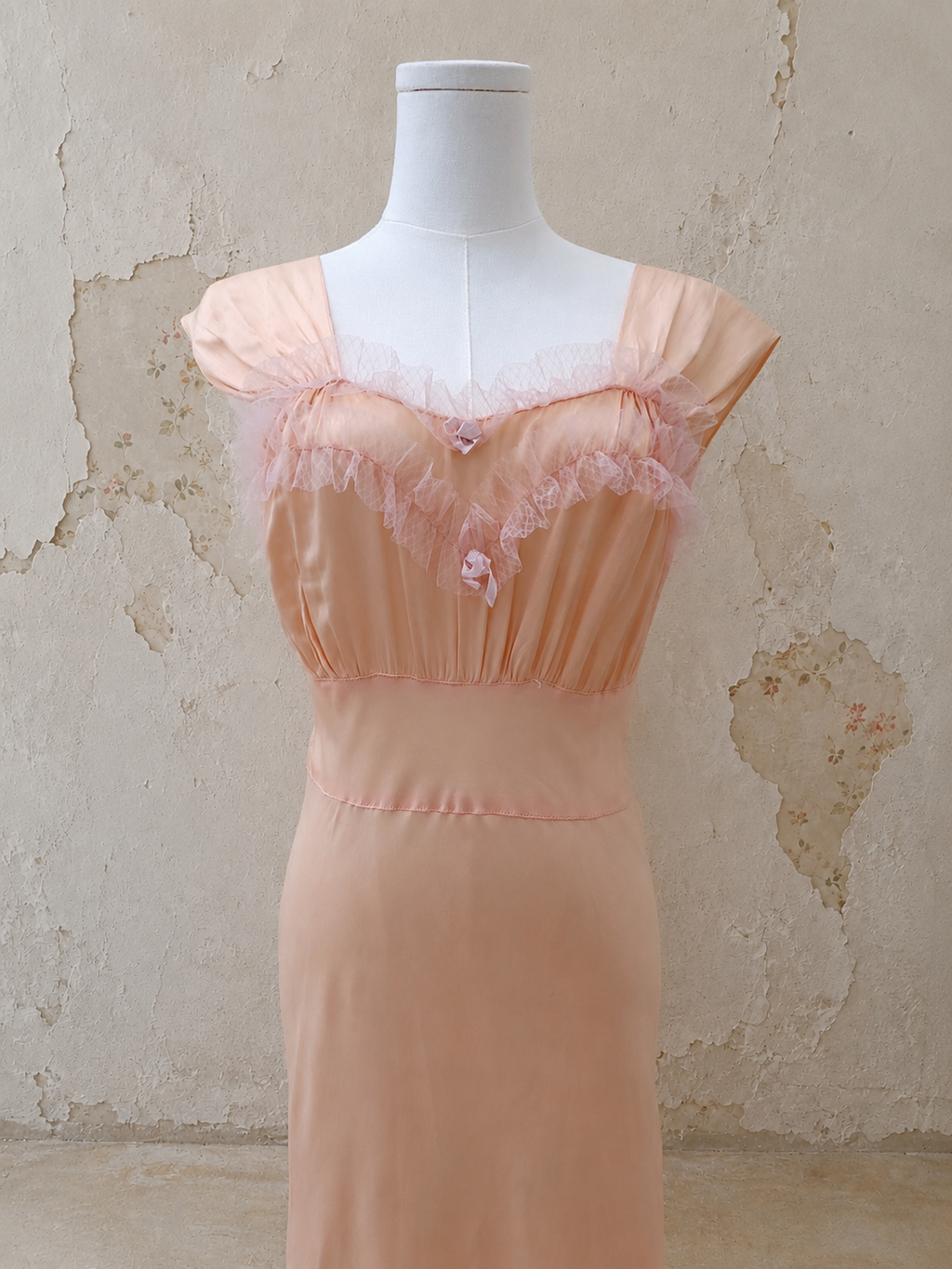 1930s Peach Satin Bias-Cut Gown with Tulle Ruffle & Satin Bow Detail